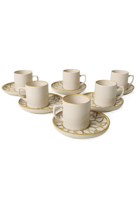 Hermia Juego de tazas de café de 12 piezas, crema y oro